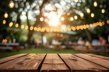 Ein leerer Holztisch bei einer Gartenparty im Sommer, verschwommener Bokeh Hintergrund 