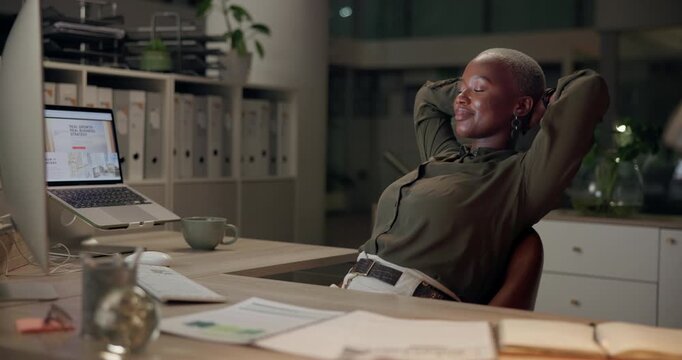 Night, relax and business woman in office with tech, commitment and confidence for project deadline. Late, happy and professional employee in workplace work for company growth with pride and mindset