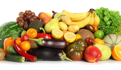 Many different fruits and vegetables isolated on white