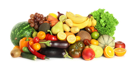Many different fruits and vegetables isolated on white