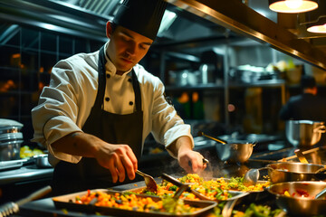 A chef prepares and serves a dish in the restaurant kitchen, skillfully crafting a culinary creation. The scene captures the essence of professional cooking and the art of fine dining.
