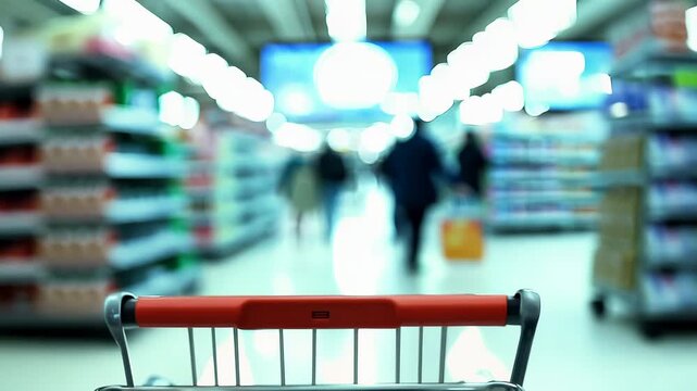 Shopping cart in blurred supermarket aisle, retail experience for consumer behavior study