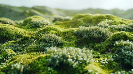 A lush green field of moss and grass. The image has a serene and peaceful mood, with the green color of the moss and grass creating a calming atmosphere. 