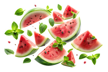 Fresh Watermelon Slices with Vibrant Mint Leaves on White Background - High-Resolution PNG