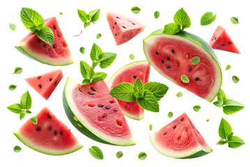 Fresh Watermelon Slices with Vibrant Mint Leaves on White Background - High-Resolution PNG