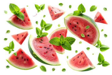 Fresh Watermelon Slices with Vibrant Mint Leaves on White Background - High-Resolution PNG