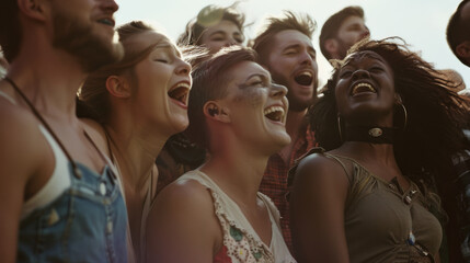 Fototapeta premium A diverse group of people sings jubilantly outdoors under the sun, capturing the essence of togetherness and the pure joy of music.