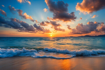 Sunset,Blue sea and blue sky with clouds nature background