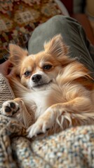 Enchanting Woman Pampering Her Joyful Chihuahua: A Cozy Domestic Scene with a Laptop and Playful Canine Companion.