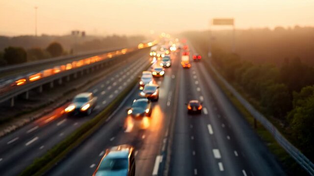 Highway traffic at sunset timelapse, rush hour commute for urban transportation concept