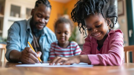 Smiling Girl Drawing with Dad and Sibling