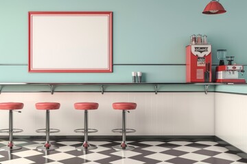 Vintage 1950s Diner Kitchen with Red Vinyl Bar Stools and Retro Poster Mockup
