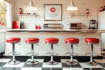 Retro 1950s Diner Kitchen with Red Bar Stools and Chrome Countertop Featuring Blank Poster Mockup for Menus or Food Photography