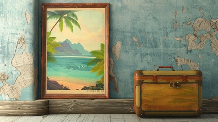 Fototapeta premium Wanderlust Dreams - Vintage Travel Poster of Tropical Island Paradise with Suitcase and Mockup Frame on Wall
