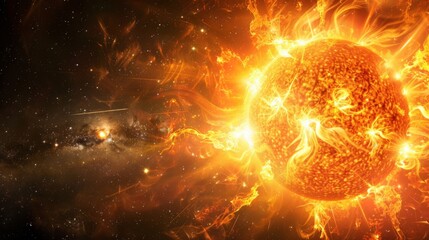 Obraz premium Powerful Sun in space close up. Burning star with plasma emissions in the starry sky. The Sun star in the solar system