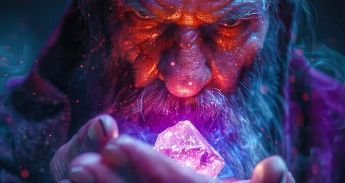 Enraged Sorcerer Holding Glowing Magic Gem Casting Spell Digital Art Fantasy Illustration Night Scene