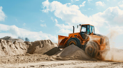 An industrial bulldozer pushes large mounds of sand under the broad sky, emphasizing construction power and the rugged machinery in action.
