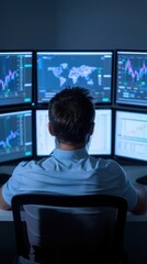 A man is sitting in front of a computer monitor with four screens. He is wearing a blue shirt and has a beard. The man is focused on the screens, possibly working on a project or analyzing data