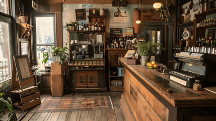 Cozy local shop with wooden checkout counter and vintage cash register