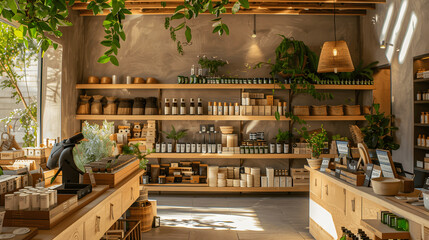 Eco-friendly store with wooden shelves and natural lighting
