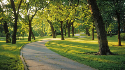 Obraz premium A serene park pathway winds gracefully through vibrant green trees, with dappled sunlight creating a picturesque setting.