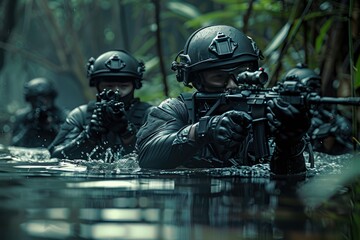 Tactical Soldiers Wading Through Water