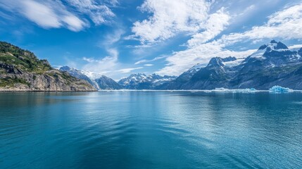 Obraz premium In Alaska, USA, a cruise ship is sailing toward Johns Hopkins Glacier in Glacier Bay. Overlooking the summertime scenery.