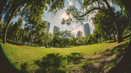 Obraz premium Wide Angle View of a City Park with Skyscrapers