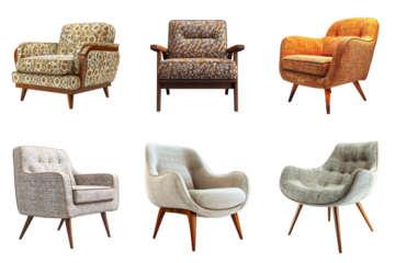 Fabric chair with wooden legs, retro style, colorful vintage pattern on transparent background