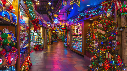 Fototapeta premium Festive retail store decorated for the holidays with colorful lights