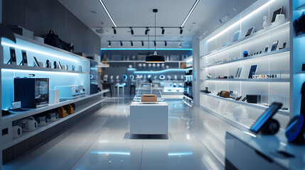 Gadget store with smart home devices and futuristic ambiance
