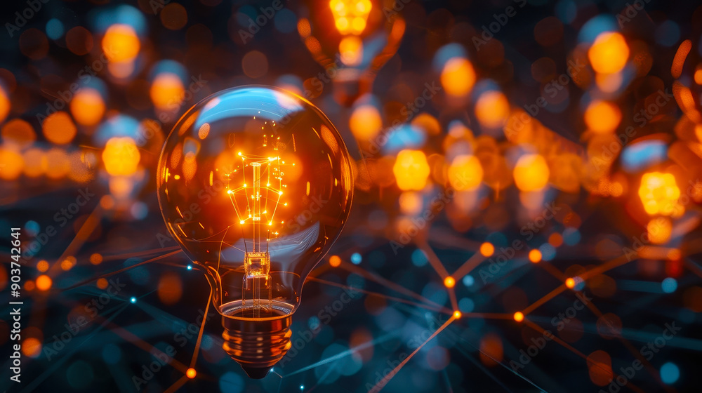 Poster illuminated light bulb network representing creative innovation and business growth in a dark settin