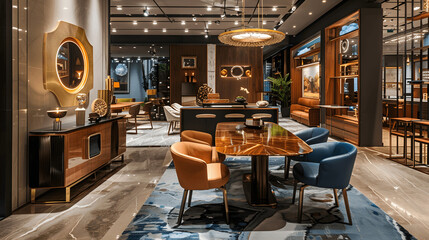 High-end furniture boutique with designer chairs and polished wooden tables