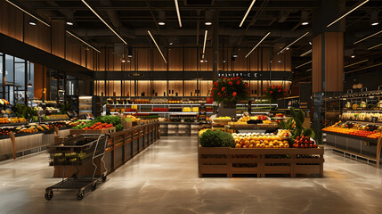 High-end grocery store with elegant shopping carts and modern setting