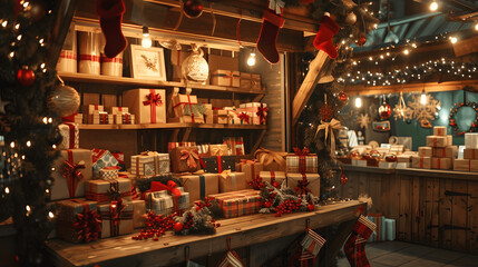 Holiday market stall with beautifully wrapped gifts and festive decorations
