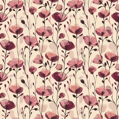 creamy pink and burgundy poppies in the style of graphic illustration, seamless pattern on a beige background, small flowers, elegant, vintage style.