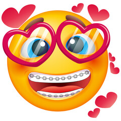 Smiling emoji with dental teeth braces. Emoticon in love on white background. Cute emoticon