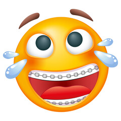 Laughing emoji with dental teeth braces. Emoticon on white background. Cute emoticon