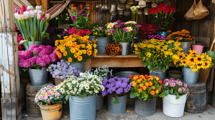 Fototapeta premium Market stall with fresh vibrant flowers in rustic buckets in a cheerful setting