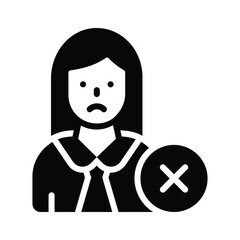 Cross sign with female avatar denoting concept icon of rejected employee