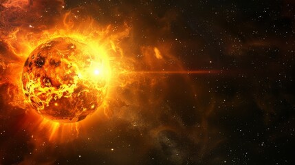 Obraz premium Powerful Sun in space close up. Burning star with plasma emissions in the starry sky. The Sun star in the solar system