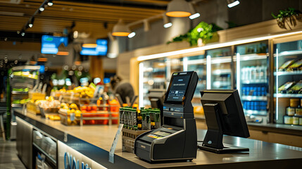 Modern retail store with sleek checkout counters and digital cash registers