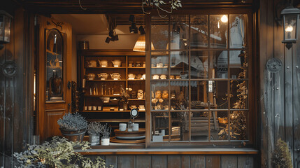 Quaint local shop with charming window display of handcrafted goods