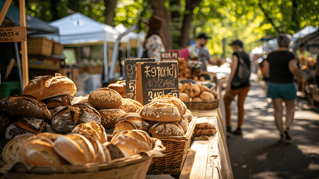 Outdoor farmers market with artisanal bread and pastries