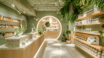 Sustainable beauty shop with natural skincare products and recycled packaging