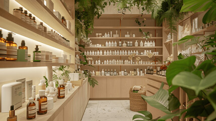 Sustainable beauty shop with natural skincare products and recycled packaging