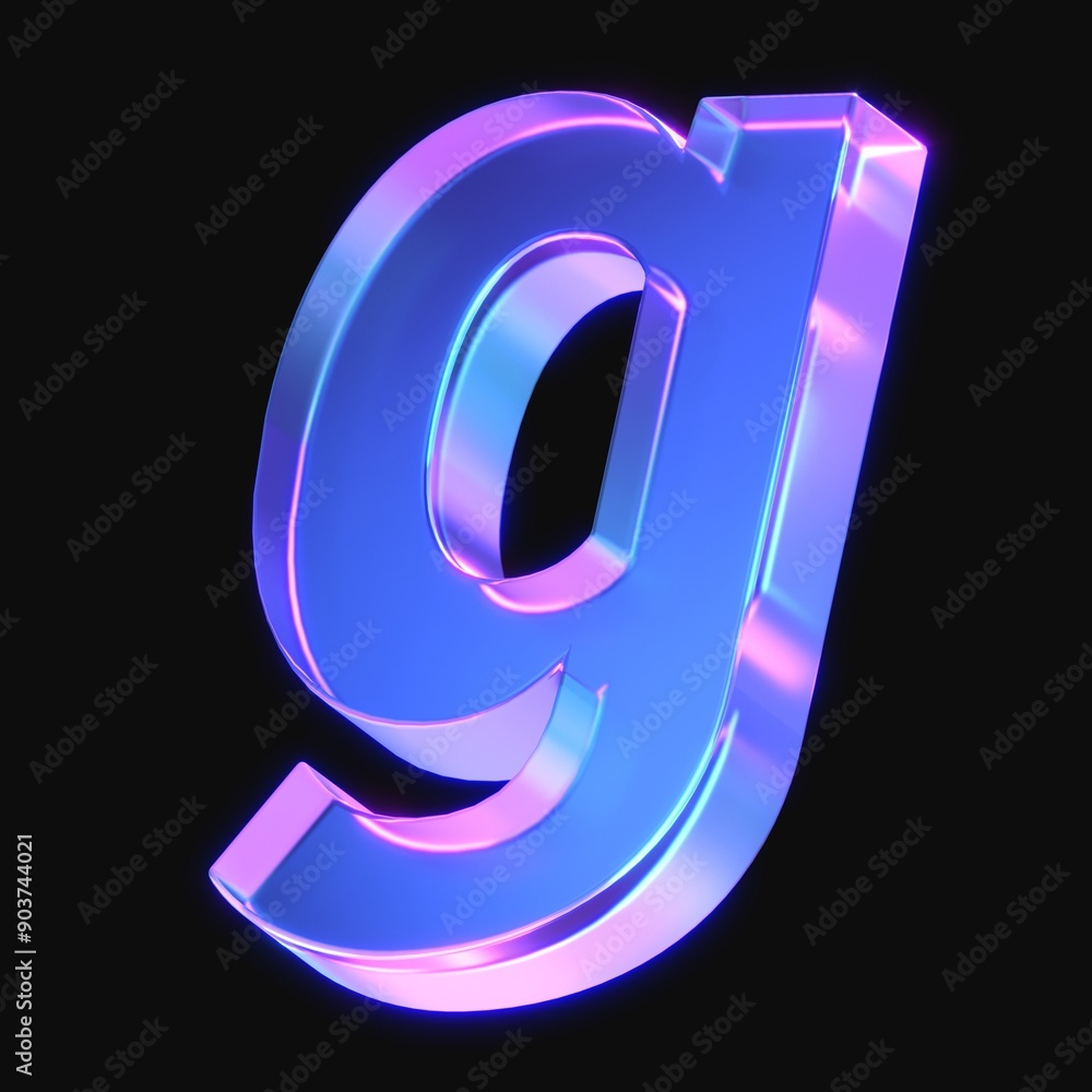 Poster 3d rendering of glowing letter g in the dark with neon retro light. 3d illustration with gradient gl