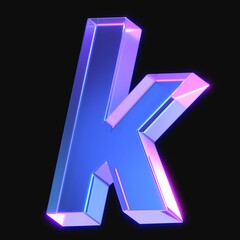 3d rendering of glowing letter k in the dark with neon retro light. 3d illustration with gradient glass material	