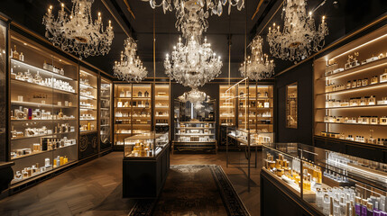 Upscale boutique with exclusive perfume collection and crystal chandeliers