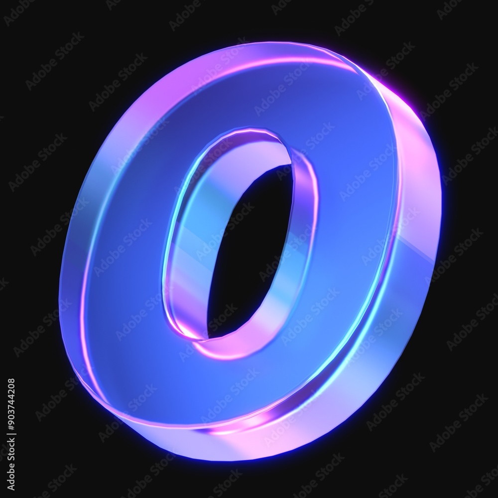 Poster 3d rendering of glowing letter o in the dark with neon retro light. 3d illustration with gradient gl